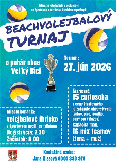 Plagát turnaja — Beachvolejbalový turnaj o pohár obce Veľký Biel, 27. jún 2026